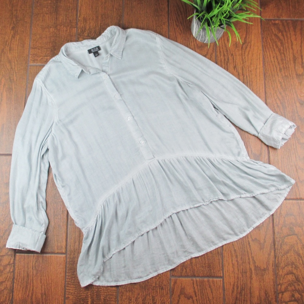 XL Light Blue Blouse Button Down Ruffle Long Sleev
